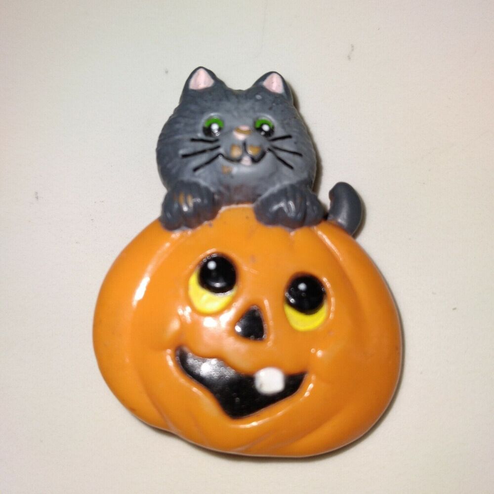 Russ Pin Halloween Vintage Cat Black Pumpkin Jack O Lantern Holiday Brooch